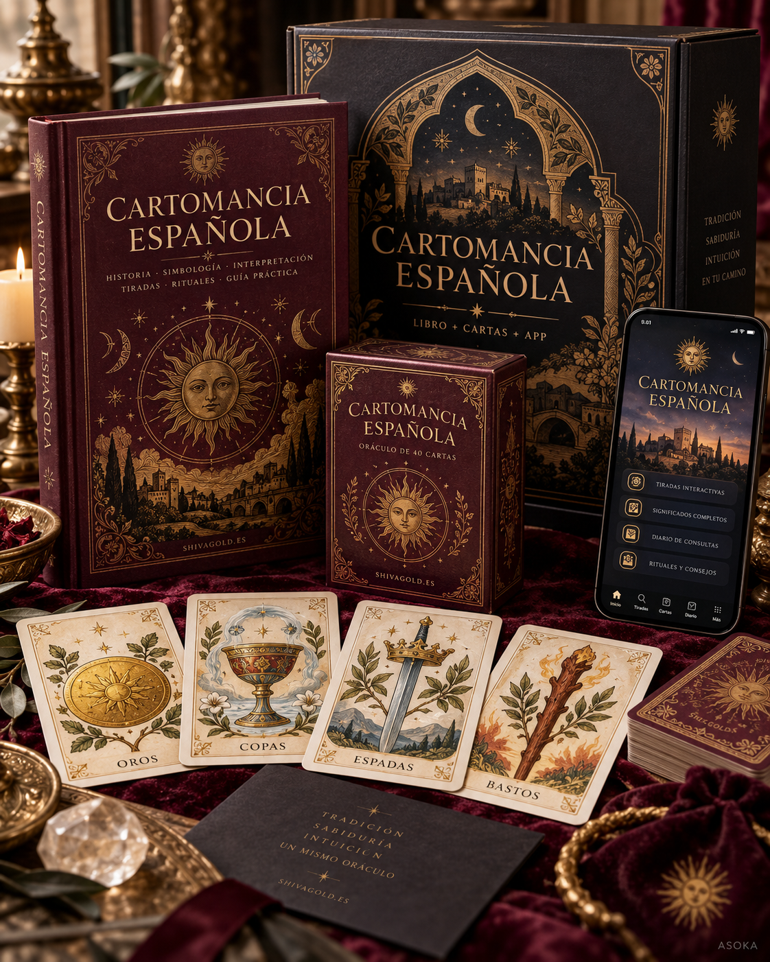 Pack de Cartomancia Española con libro, baraja española de 48 cartas y aplicación Android