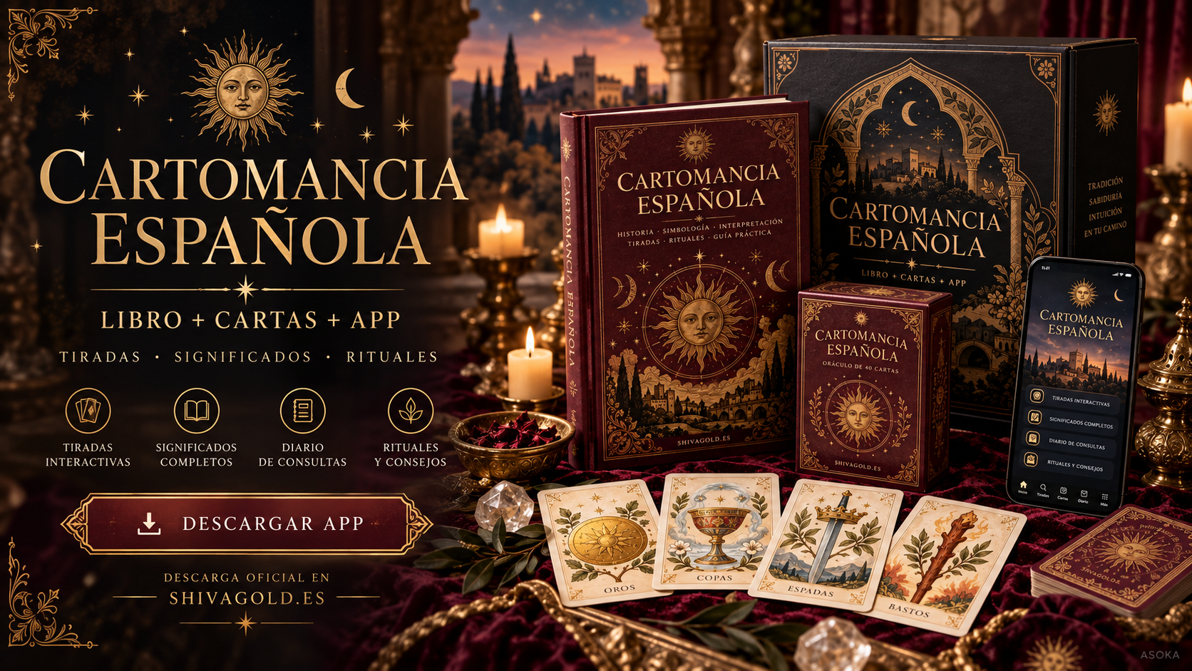 Cartomancia Española: libro, baraja española completa de 48 cartas y aplicación Android